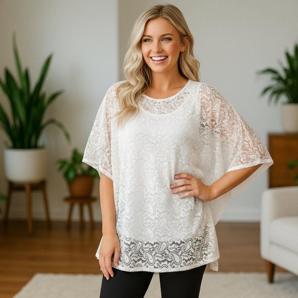 NEW Womens Christmas White Lace Top, Paisley See Through Elegant Kimono